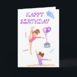 Gymnastik Geburtstagskarte personalisiert Karte<br><div class="desc">Personalisieren Sie diese niedliche Gymnastikthemenkarte mit einem Namen UND dem Alter auf dem Wasserstar in der oberen Ecke. Das Design hat zwei Turniere mit rosa und lila,  umgeben von Party Konfetti und Ballons und ein Geschenk.  Das Innere ist leer,  um die gewünschte Nachricht hinzuzufügen.</div>