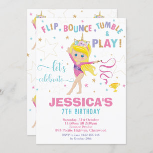 Gymnastik Geburtstagsparty Unicorn Blonde Girl Einladung