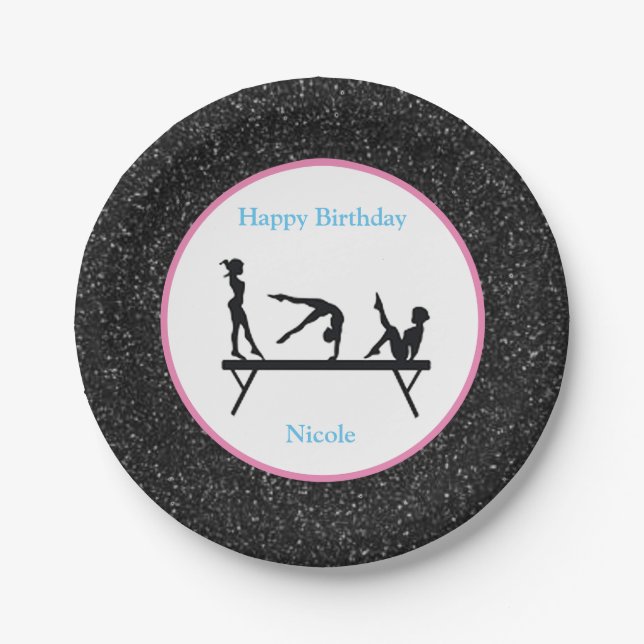 Gymnastik "Happy Birthday" Black Sparkle Pappteller (Vorderseite)