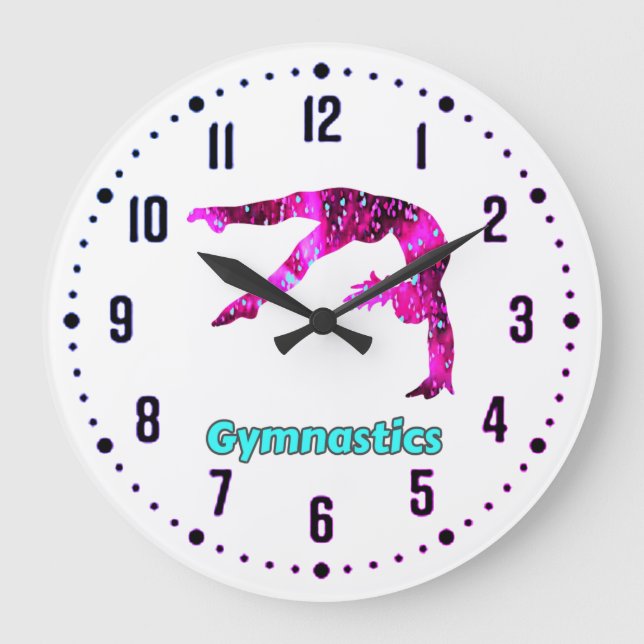 Gymnastik Mädchen Rosa / Türkis Handspring Große Wanduhr (Vorderseite)