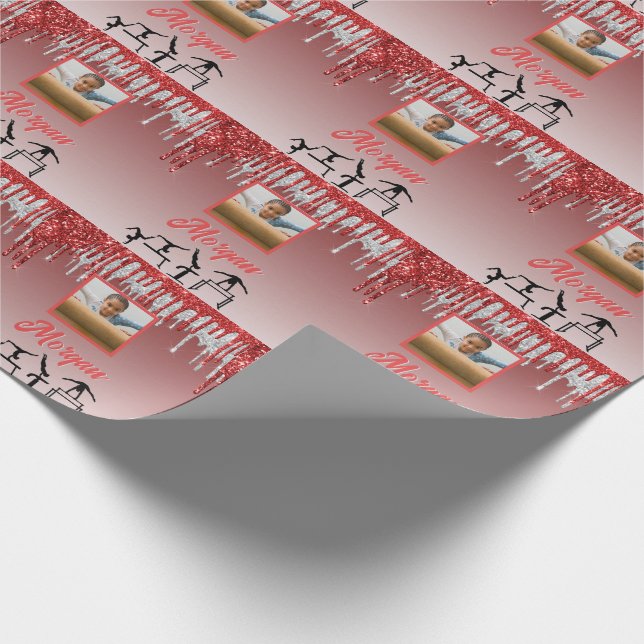 Gymnastik Red & Silver Glitzer Tropfen Custom Foto Geschenkpapier (Ecke)