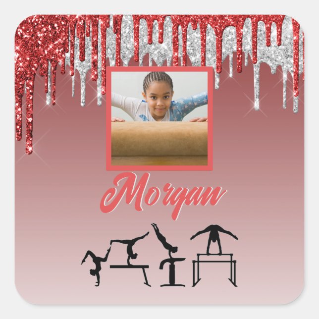Gymnastik Red & Silver Glitzer Tropfen Custom Foto Quadratischer Aufkleber (Vorderseite)