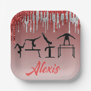 Gymnastik Rot und Silber Glitzer Tropfen Ombre Pappteller