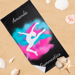 Gymnastik Sprung rosa blaue Farbbombe mit Namen Strandtuch