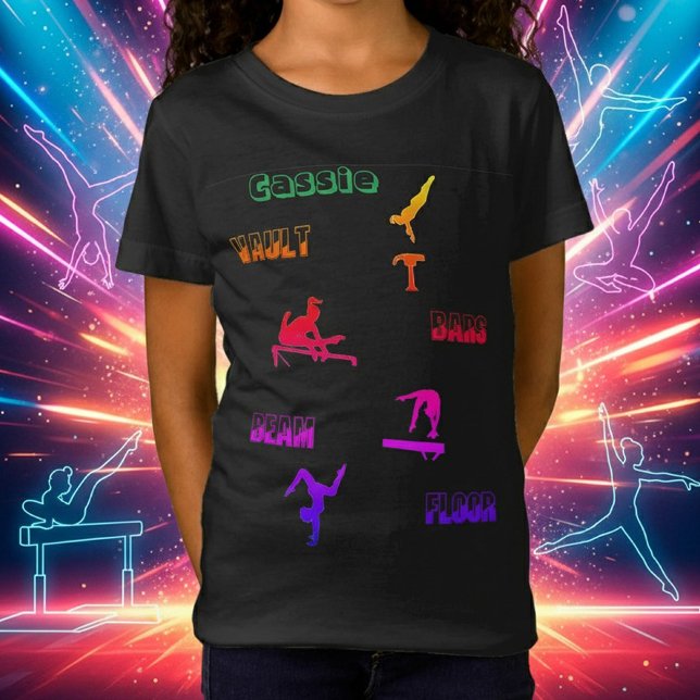 Gymnastik-T - Shirt - Vault, Bars, Beam, Boden (Personalized Gymnastics Rainbow T-Shirt - Custom Name & Event Design!)