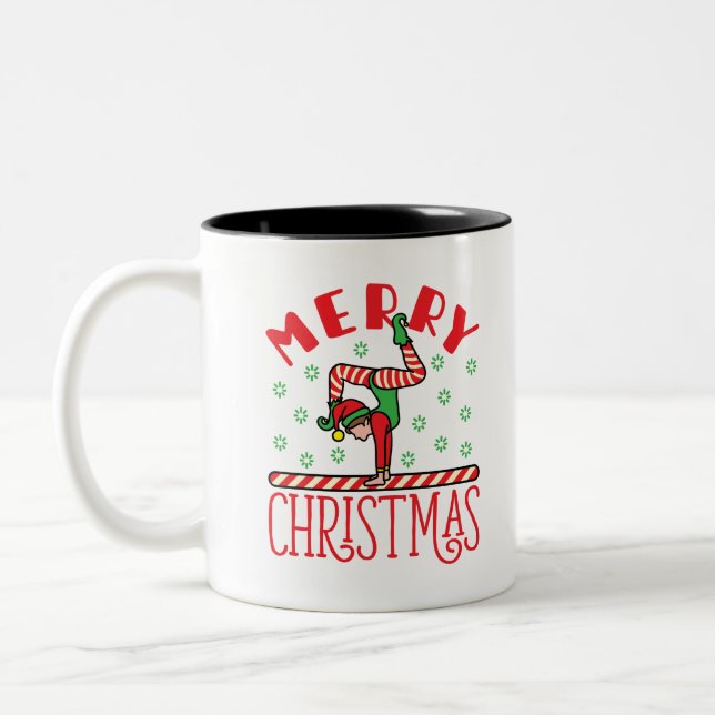 Gymnastik Weihnachten Elf auf Beam Zweifarbige Tasse (Links)