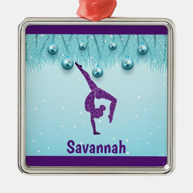 Gymnastik Weihnachten Lila Aqua Personalisiert Ornament Aus Metall (Vorne)
