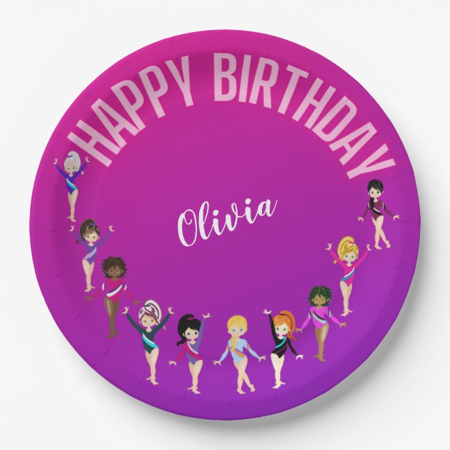 Gymnastikfreunde "Happy Birthday" Pink Lila Pappteller (Vorderseite)