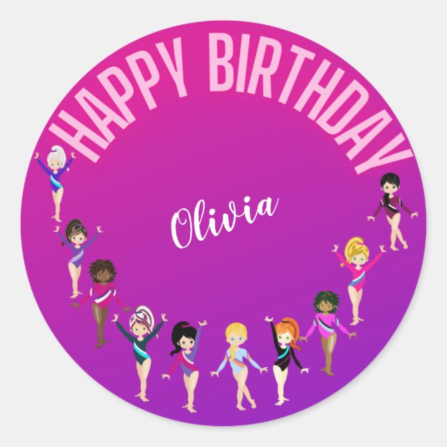 Gymnastikfreunde "Happy Birthday" Pink Lila Runder Aufkleber (Vorderseite)