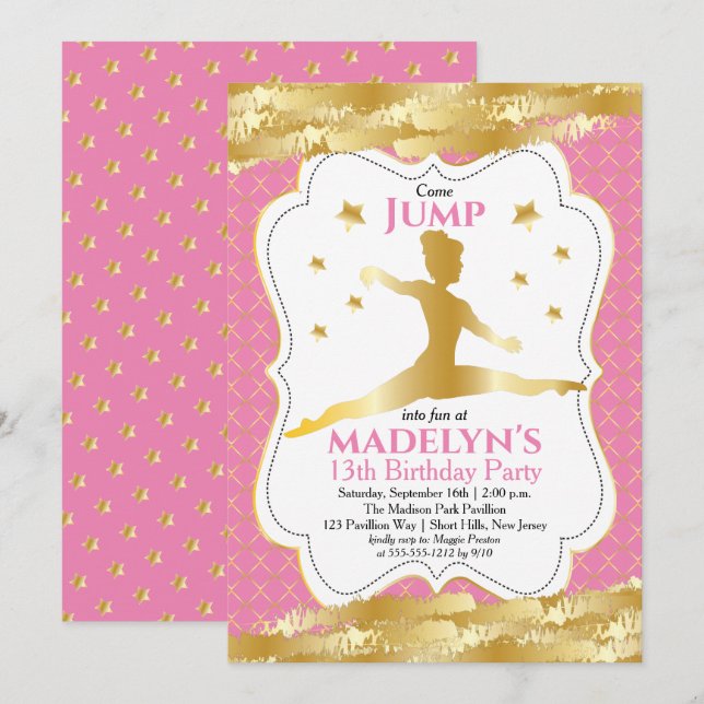 Gymnastikrosa | Gold Stars Girl Birthday Party Einladung (Vorne/Hinten)