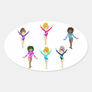 Gymnastiksticker für Mädchen mit 6 Gymnast Ovaler Aufkleber