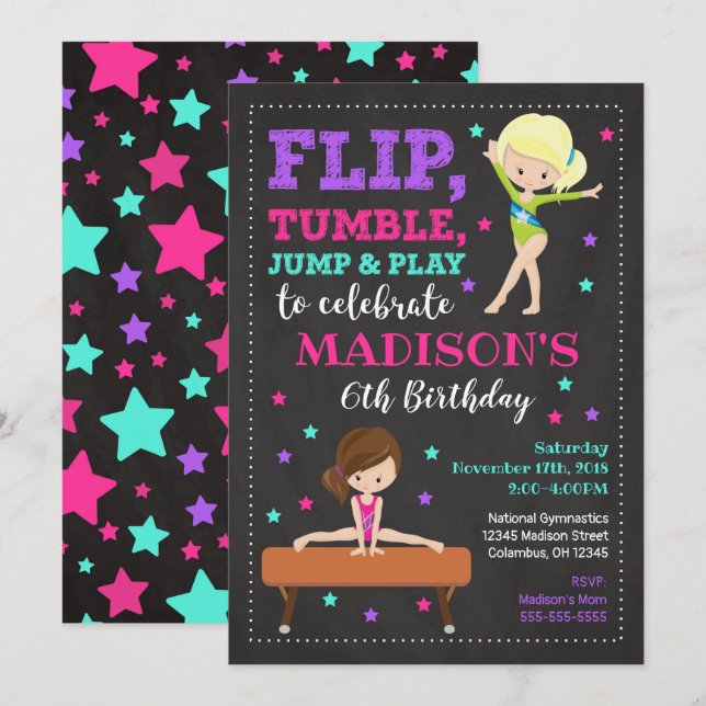 Gymnastique Invitation d'anniversaire / Fille / Ta (Devant / Derrière)