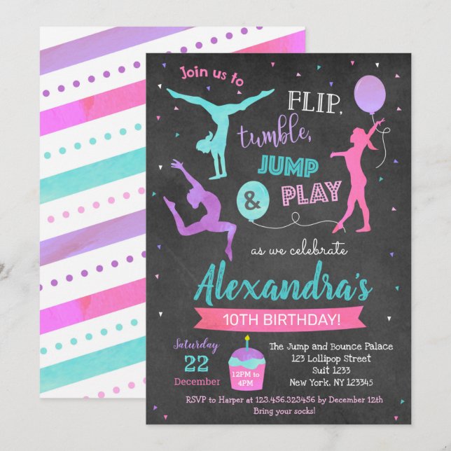 Gymnastique Invitation de fête d'anniversaire pour (Devant / Derrière)