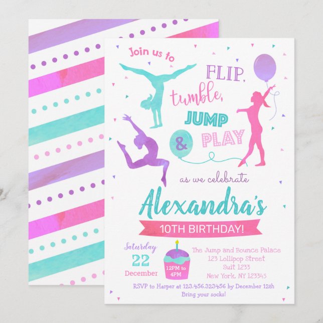 Gymnastique Invitation de fête d'anniversaire pour (Devant / Derrière)