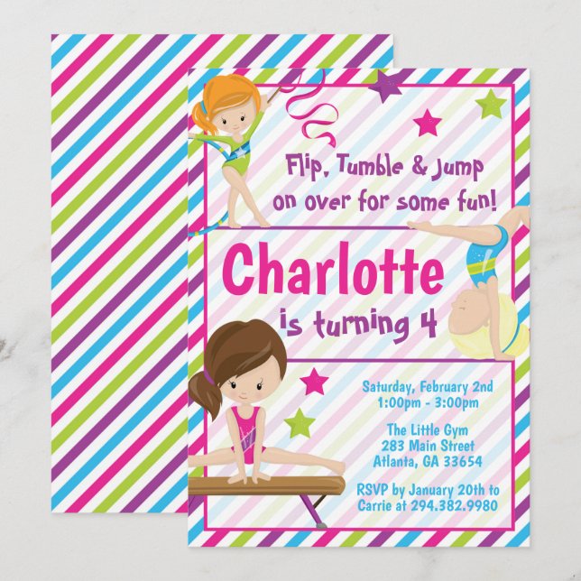 Gymnastique Invitations d'anniversaire pour n'impo (Devant / Derrière)