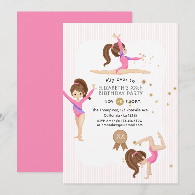 Gymnastique rose et or Invitation de fête d'annive (Devant / Derrière)