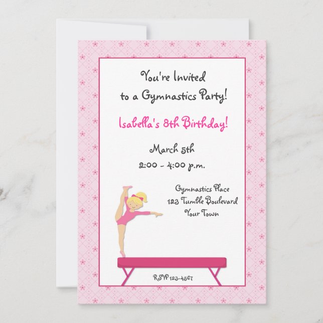 Gymnastisches Party, Einladung der Balancebrache (Vorderseite)