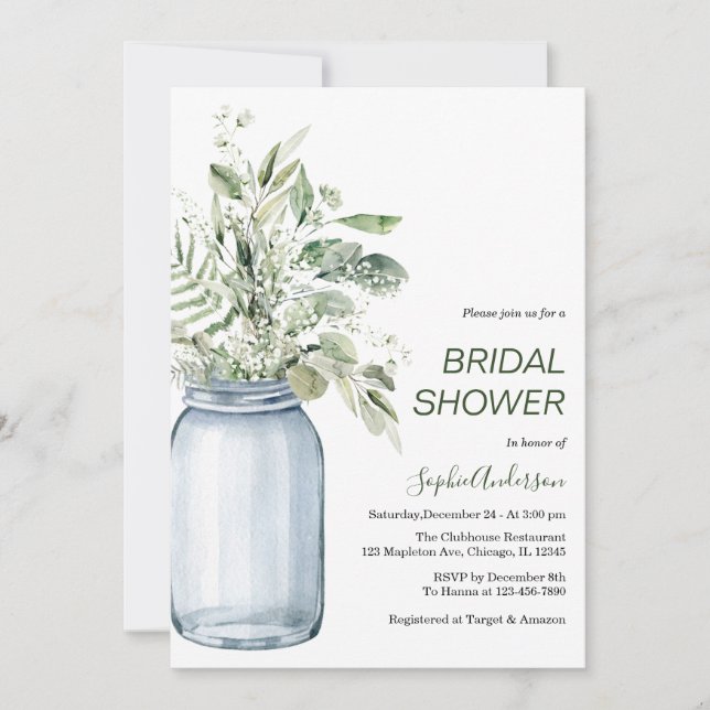 Gypsophila Mason Jar Eucalyptus Brautparty Einladung (Vorderseite)