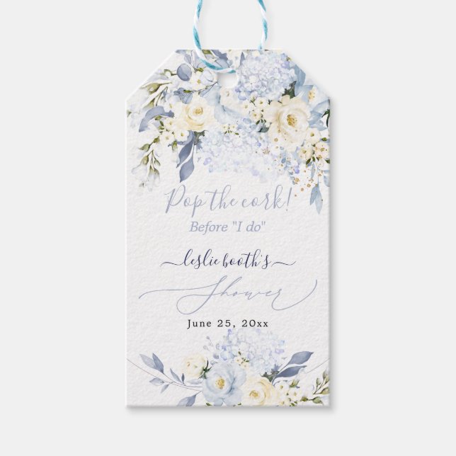 H2 Blue Hydrangea Creme Rose Brautparty Geschenkanhänger (Vorderseite)