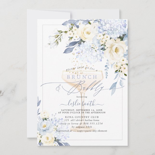 H2 Blue Hydrangea Creme Rose Brunch Bubbly Einladung (Vorderseite)