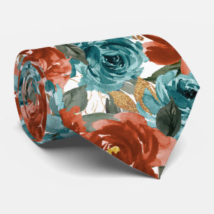 H2 Blumen Teal Grün Rost Orange Rosen Krawatte