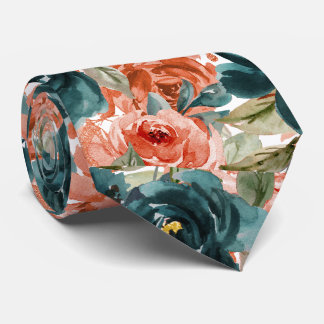 H2 Blumen Teal Grün Rost Orange Rosen   Krawatte