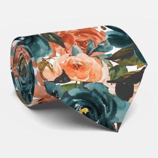 H2 Blumen Teal n Rost Orange Rosen   Krawatte