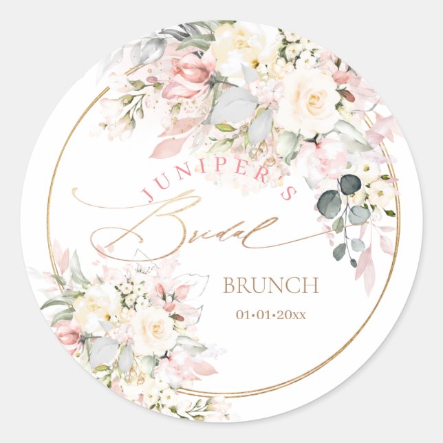 H2 Dusty Rose Hydrangea Creme Rose Bridal Brunch Runder Aufkleber (Vorderseite)
