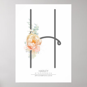 H Buchstabe Monogramm Rosé Pfirsich Blumen Heimdek Poster