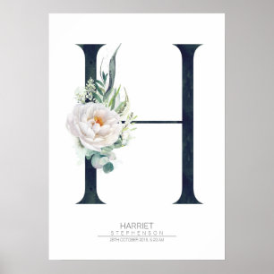 H Buchstabe Monogramm Weiße Blumen und Grün Poster