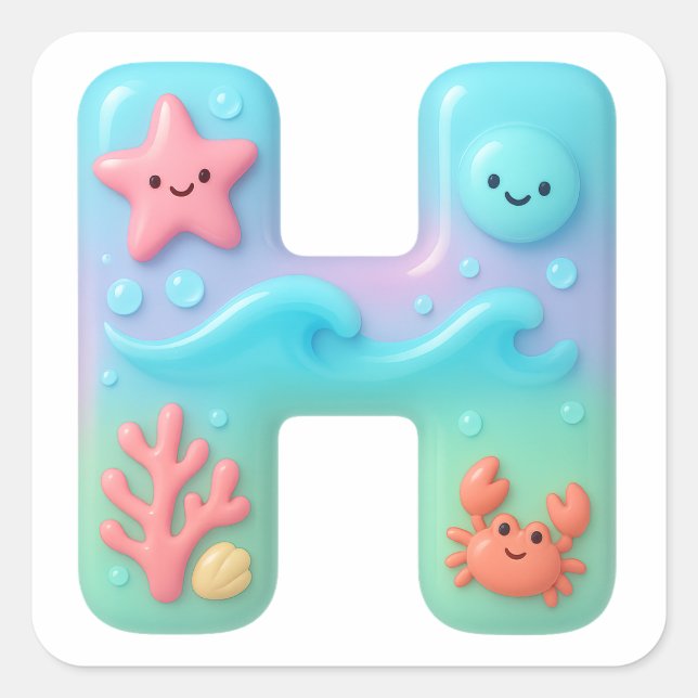  "H" Cute Letter - Underwater Sea Creature  Quadratischer Aufkleber (Vorderseite)