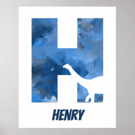 "H" Dinosaure Aquarelle Bleu Poster du nom de l'en