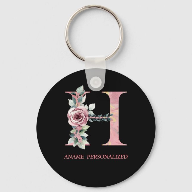 H Floral Monogram Name Letters Pink Agate Keychain Schlüsselanhänger (Vorderseite)