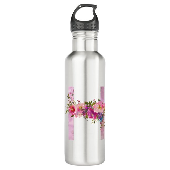 H, Floral Monogramm initial, Aquarellfarbe Blume Edelstahlflasche (Vorderseite)