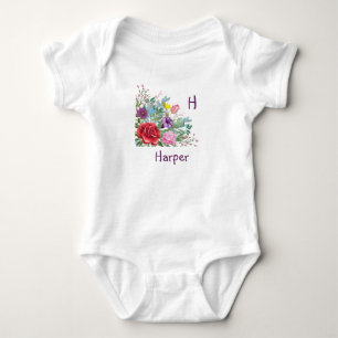 H Harper personalisieren Letter Name, Rose Blume Baby Strampler