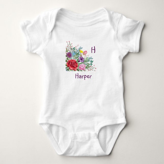 H Harper personalisieren Letter Name, Rose Blume Baby Strampler (Vorderseite)