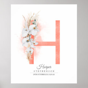 H-Initial-Monogramm weiße Orchideen und Pampasgras Poster