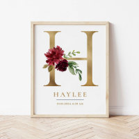 H Letter Monogram Name Marsala Floral Kinderzimmer