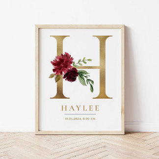 H Letter Monogram Name Marsala Floral Kinderzimmer Poster