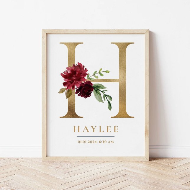 H Letter Monogram Name Marsala Floral Kinderzimmer Poster (Von Creator hochgeladen)