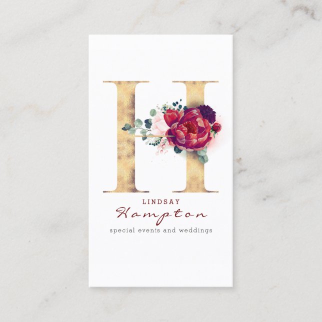 H Monogram Burgundy Red Blume and Imitats Gold Visitenkarte (Vorderseite)
