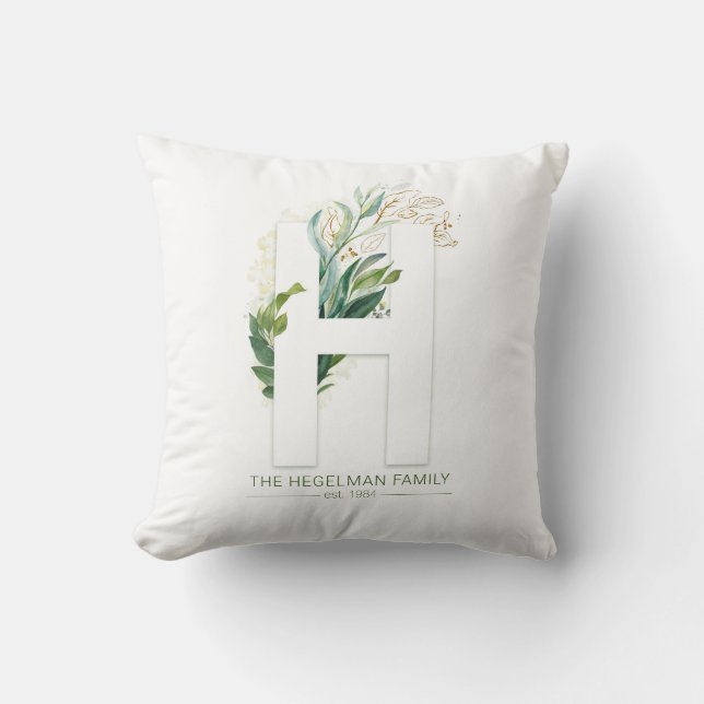 H Monogram Elegant Gold Green Familienname Kissen (Vorderseite)