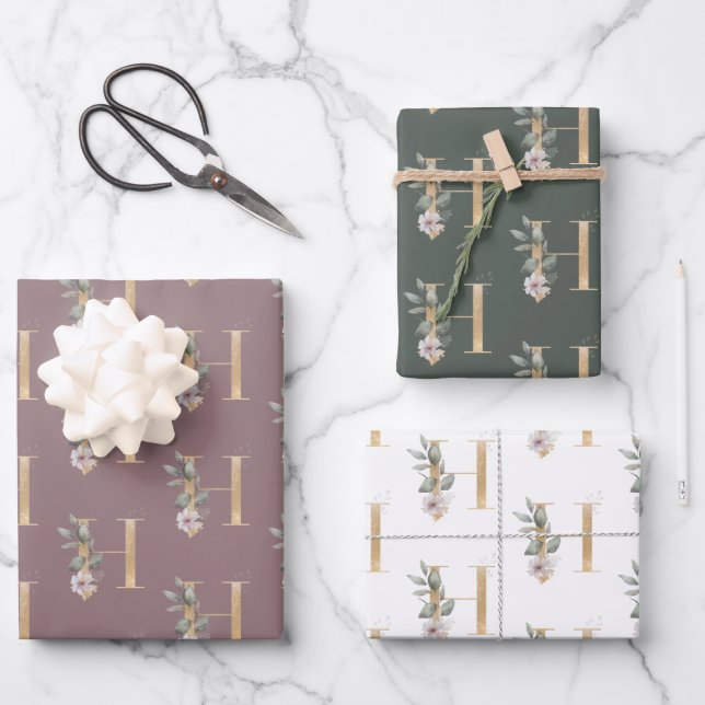 H Monogramm Floral Geschenkpapier Set (Vorderseite)