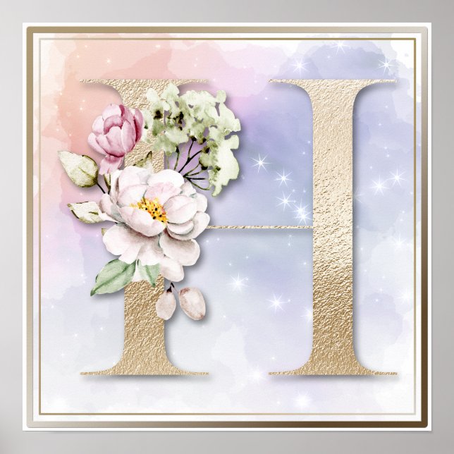 H Monogramme Bourgogne Poster Floral (Devant)
