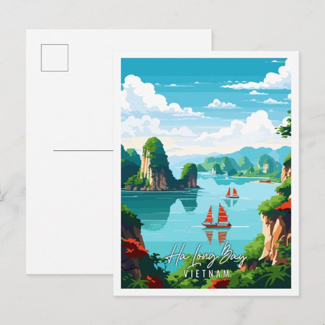 Ha Long Bay Vietnam Vintage-Reise-Abbildung Postkarte (Vorne/Hinten)
