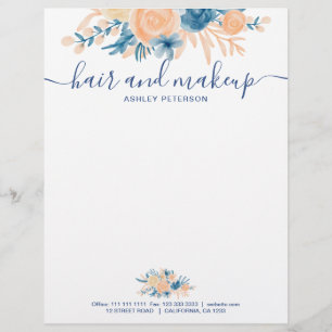 Haar-Make-up blaue Pfirsich-Blumen-Aquarell-Detail Briefbogen