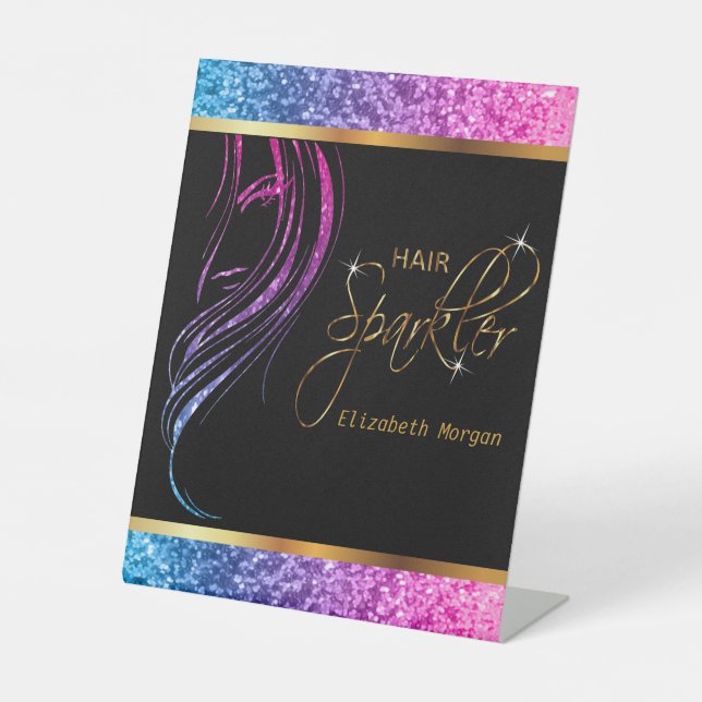 Haar Sparkler in einem farbenfrohen Giro-Glitzer Sockelschild (Vorderseite)