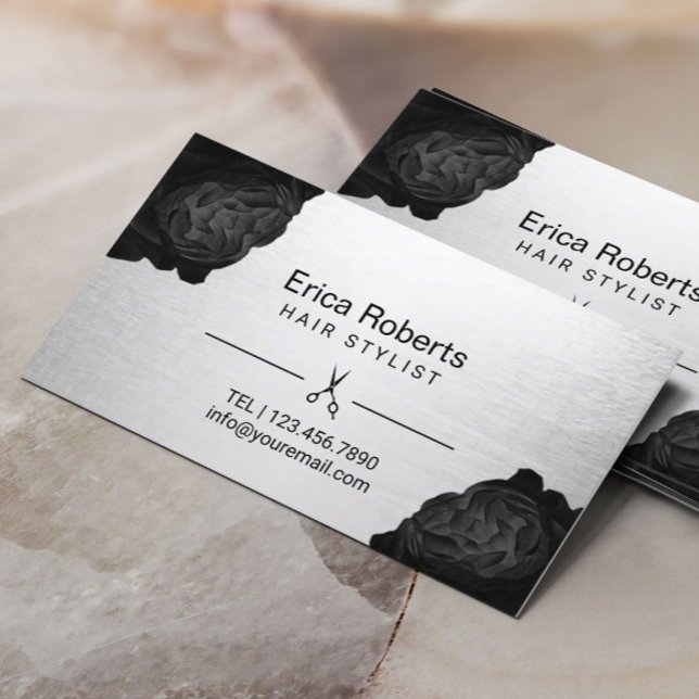 Haar Stylist Chic Black Floral Silver Ernennung Terminkarte (Von Creator hochgeladen)