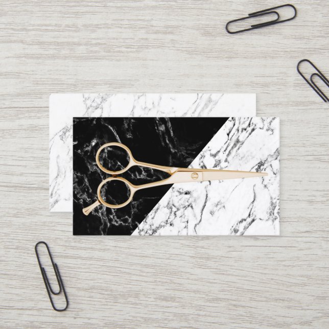 Haar-Stylist-Gold Scissor eleganten Marmorsalon Visitenkarte (Vorderseite/Rückseite Beispiel)