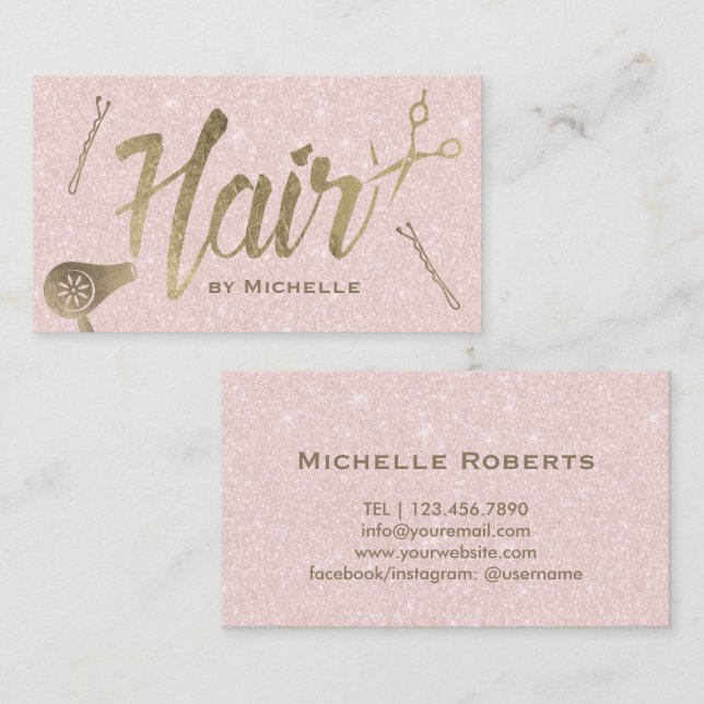 Haar-Stylist-Goldtypographie erröten rosa Glitzer Visitenkarte (Vorne/Hinten)